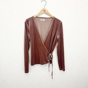 Madewell Womens Size Small Velvet Ballet Wrap Top Solid Brown Surpluses Neck